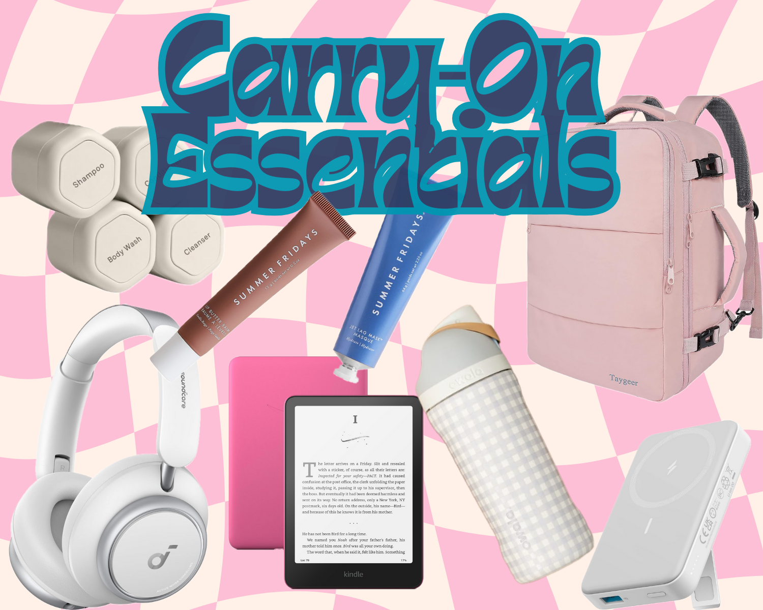 Collage of carry-on travel essentials including headphones, skincare, a water bottle, and backpack